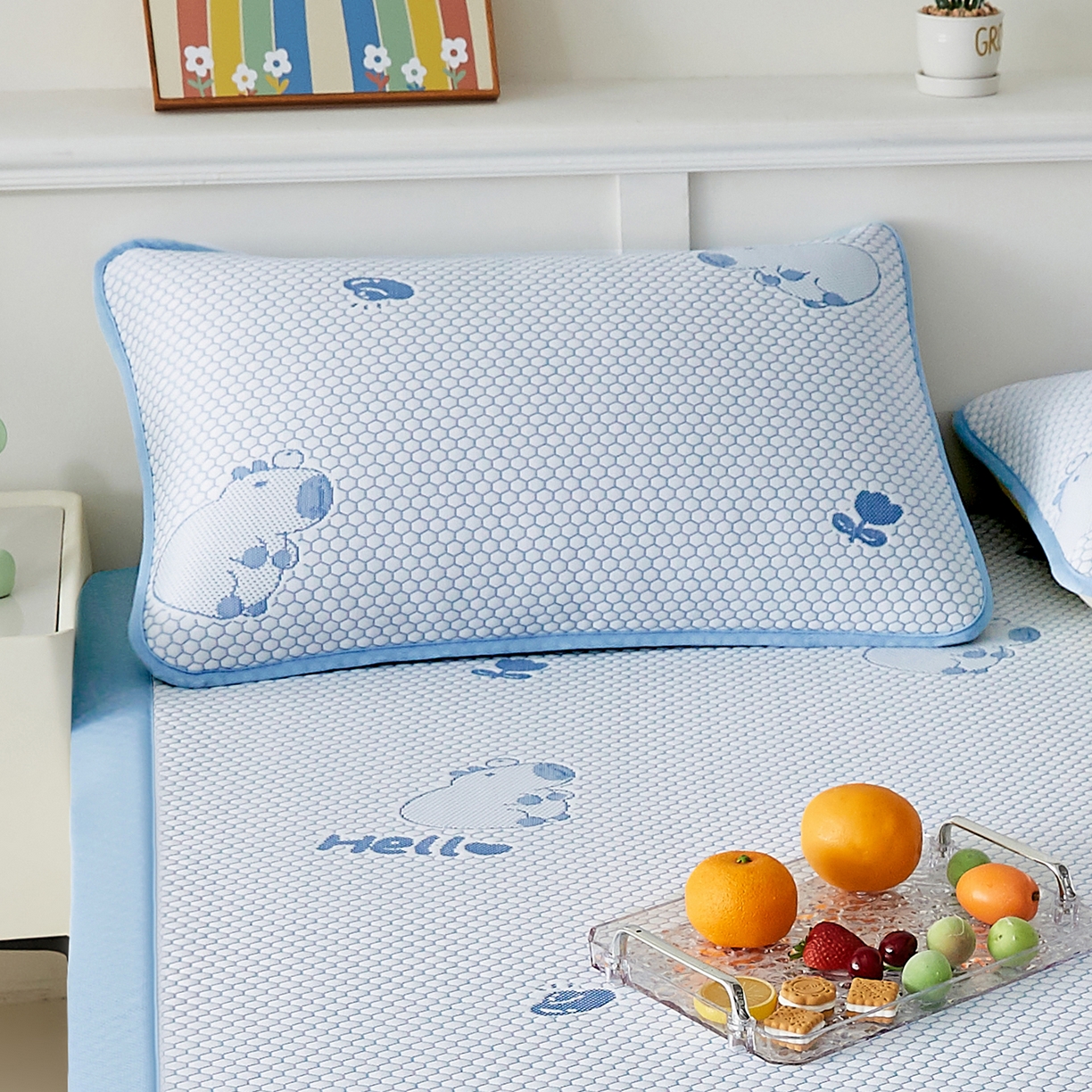 91家纺网 家纺一手货源 找家纺 奇丝雅 2026新款夏季A类卡通冰豆豆冰丝凉席枕套凉感家用可机洗单人学生宿舍48×74cm一只一对 卡皮巴拉-蓝