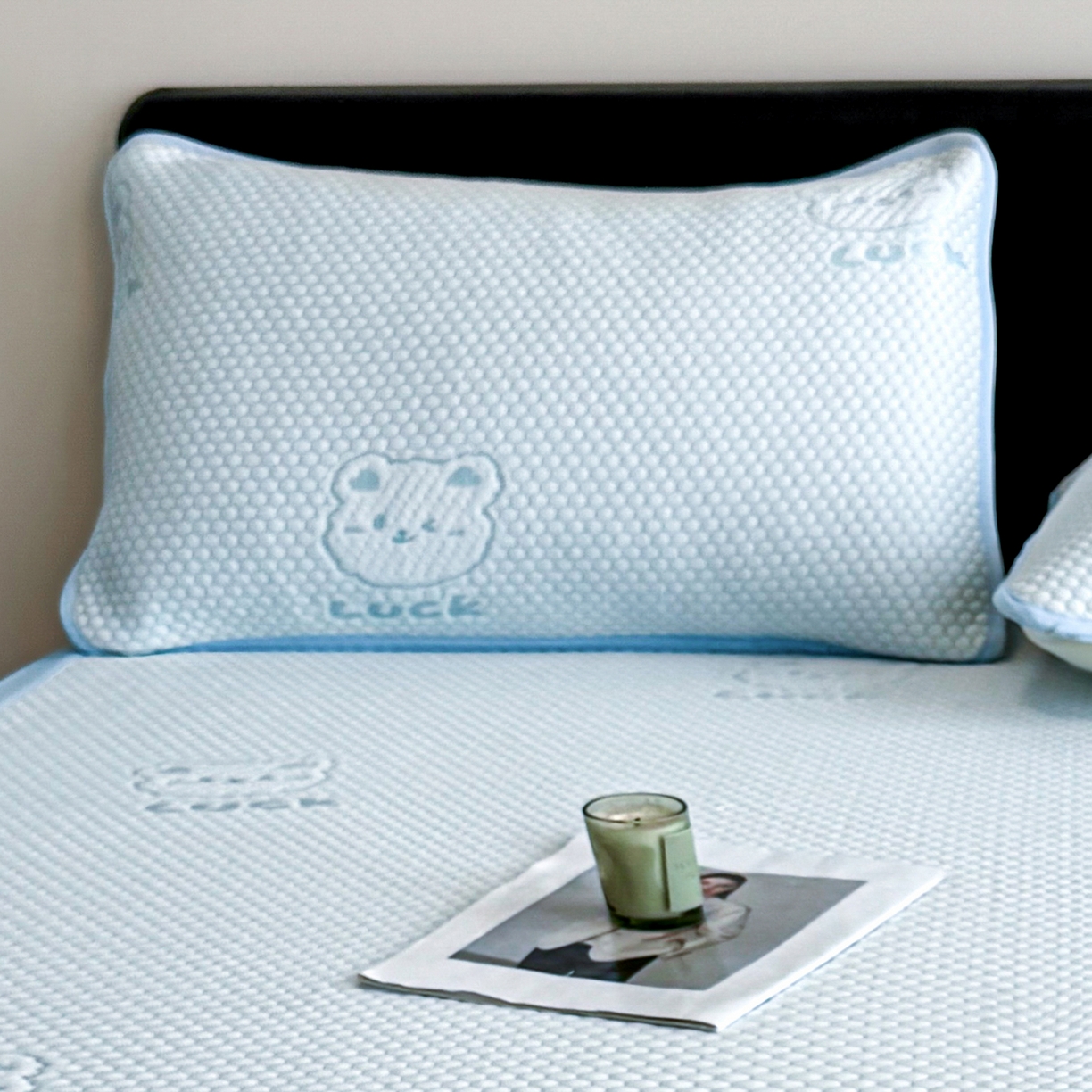 91家纺网 家纺一手货源 找家纺 奇丝雅 2026新款夏季A类卡通冰豆豆冰丝凉席枕套凉感家用可机洗单人学生宿舍48×74cm一只一对 小冰熊-蓝