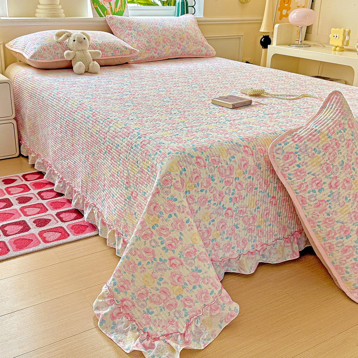 91家纺网 家纺一手货源 找家纺 （总）恒尚居 2026新款云感皱皱纱床盖花边床单双层纱床盖三件套-四季款