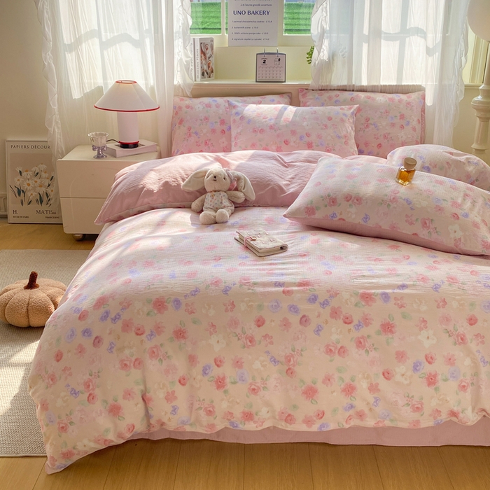 91家纺网 家纺一手货源 找家纺 红日子纺织品 2026新款云感皱皱纱四件套 山花烂漫