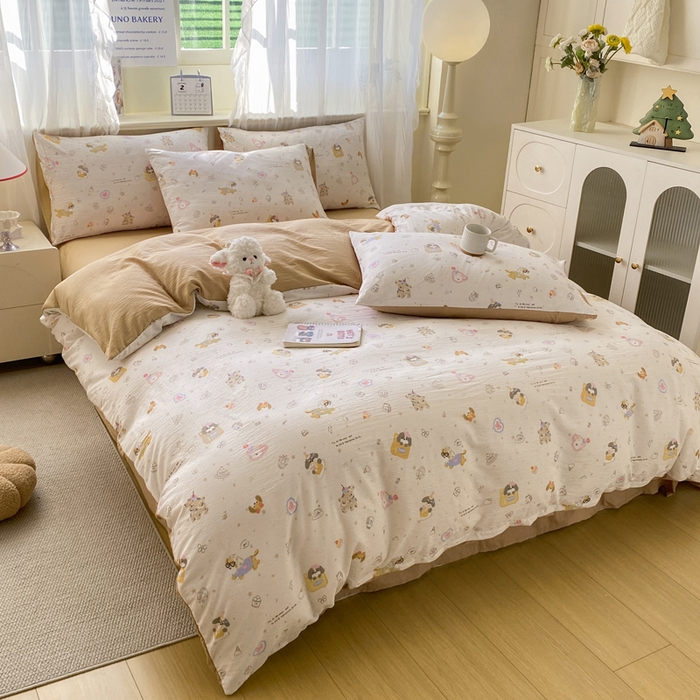 91家纺网 家纺一手货源 找家纺 红日子纺织品 2026新款云感皱皱纱四件套 萌宠梦境