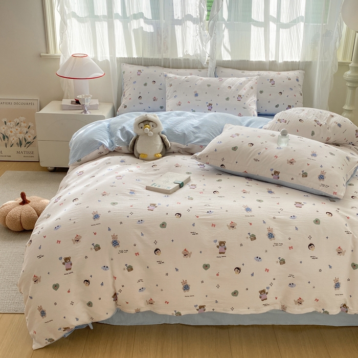 91家纺网 家纺一手货源 找家纺 红日子纺织品 2026新款云感皱皱纱四件套 活力萌熊