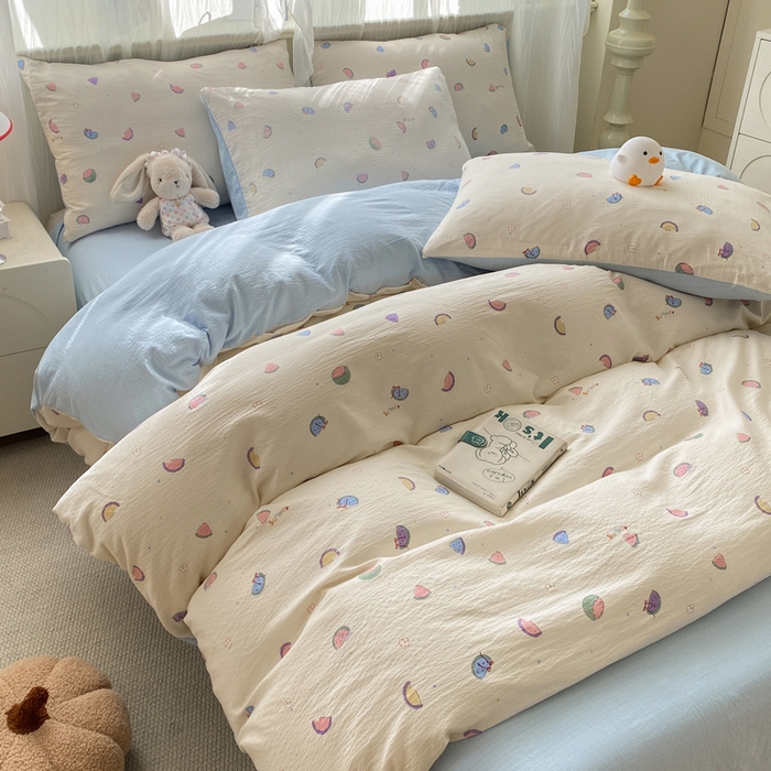 91家纺网 家纺一手货源 找家纺 红日子纺织品 2026新款云感皱皱纱四件套 夏日缤纷