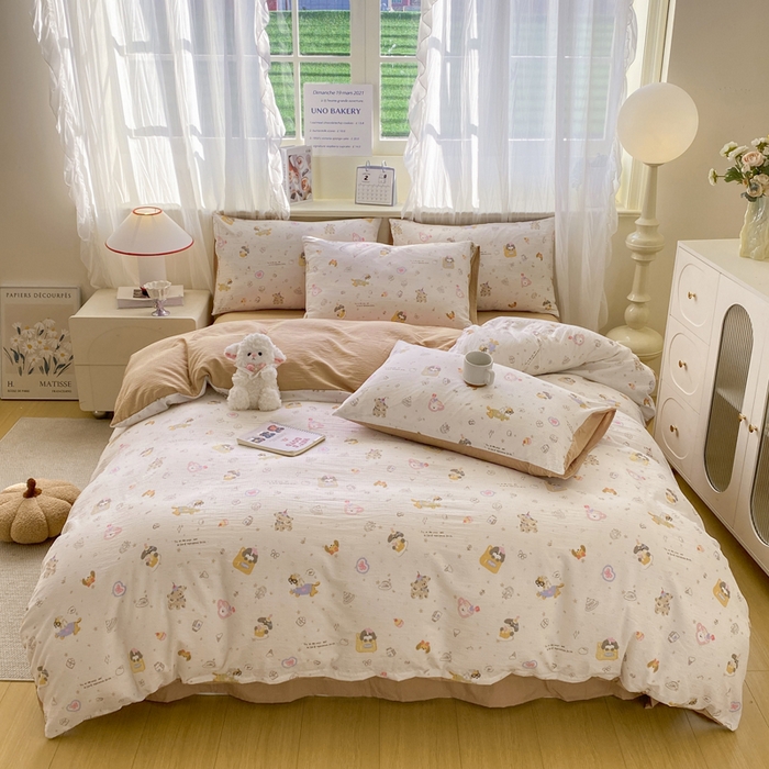 91家纺网 家纺一手货源 找家纺 红日子纺织品 2026新款云感皱皱纱四件套 萌宠梦境