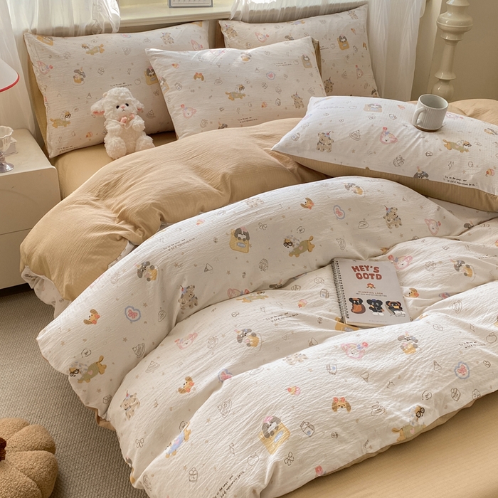 91家纺网 家纺一手货源 找家纺 红日子纺织品 2026新款云感皱皱纱四件套 萌宠梦境