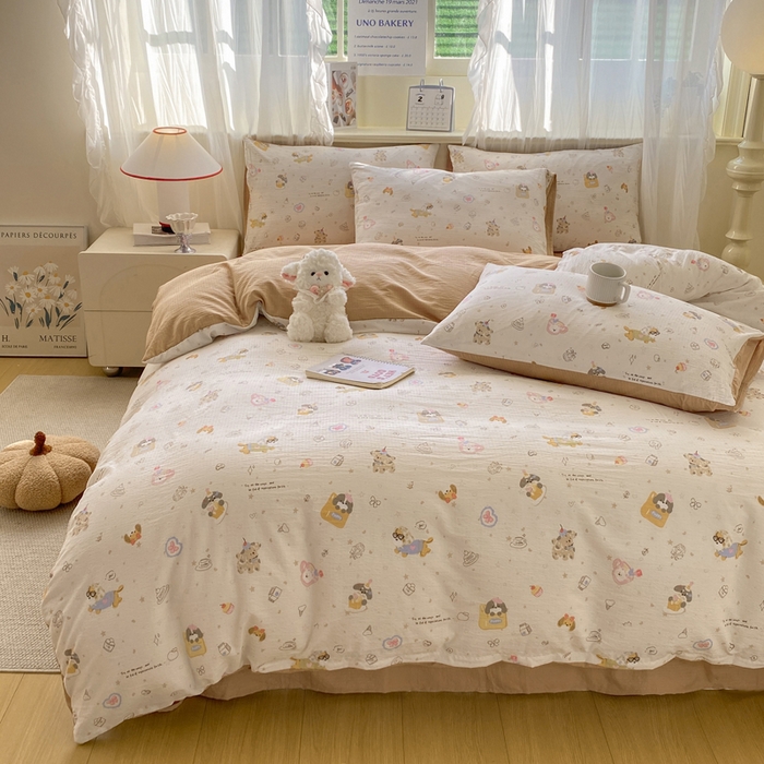 91家纺网 家纺一手货源 找家纺 红日子纺织品 2026新款云感皱皱纱四件套 萌宠梦境