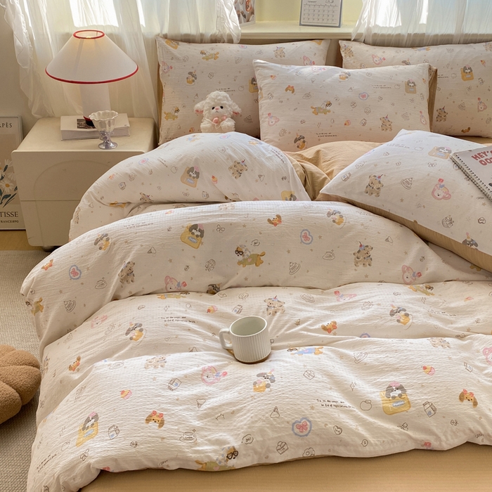 91家纺网 家纺一手货源 找家纺 红日子纺织品 2026新款云感皱皱纱四件套 萌宠梦境