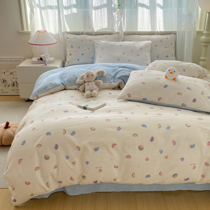 91家纺网 家纺一手货源 找家纺 红日子纺织品 2026新款云感皱皱纱四件套 夏日缤纷