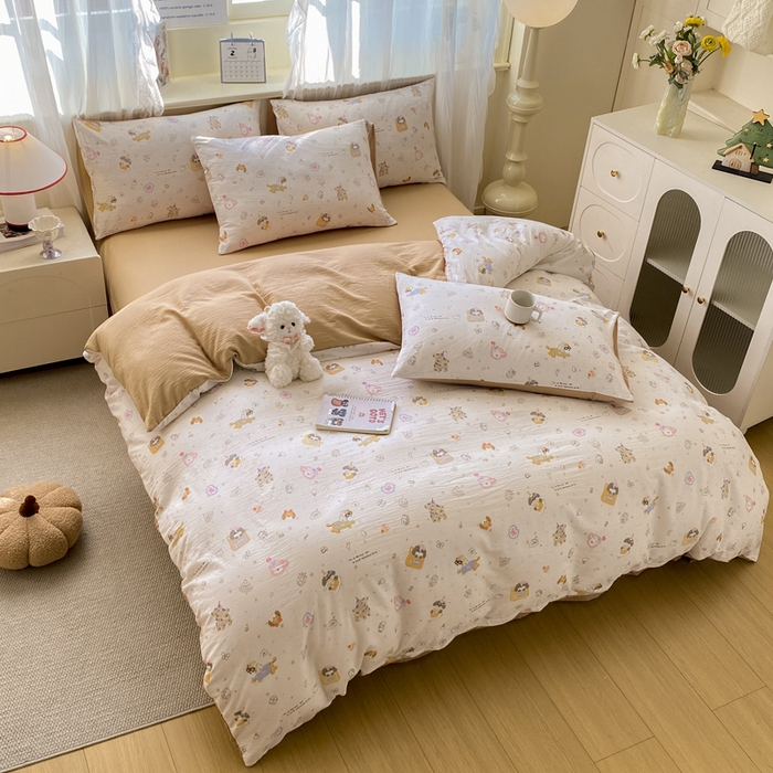 91家纺网 家纺一手货源 找家纺 红日子纺织品 2026新款云感皱皱纱四件套 萌宠梦境