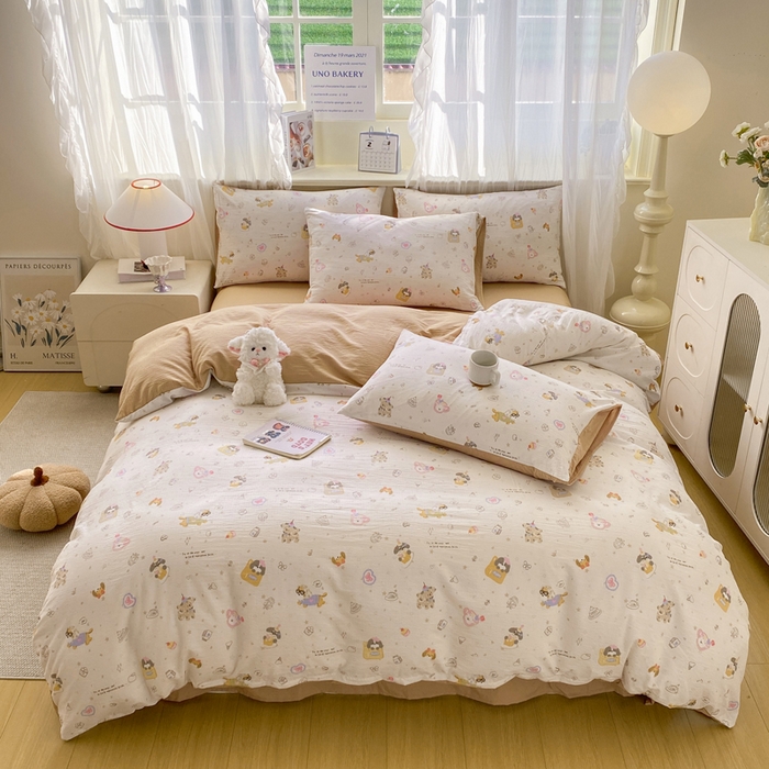 91家纺网 家纺一手货源 找家纺 红日子纺织品 2026新款云感皱皱纱四件套 萌宠梦境