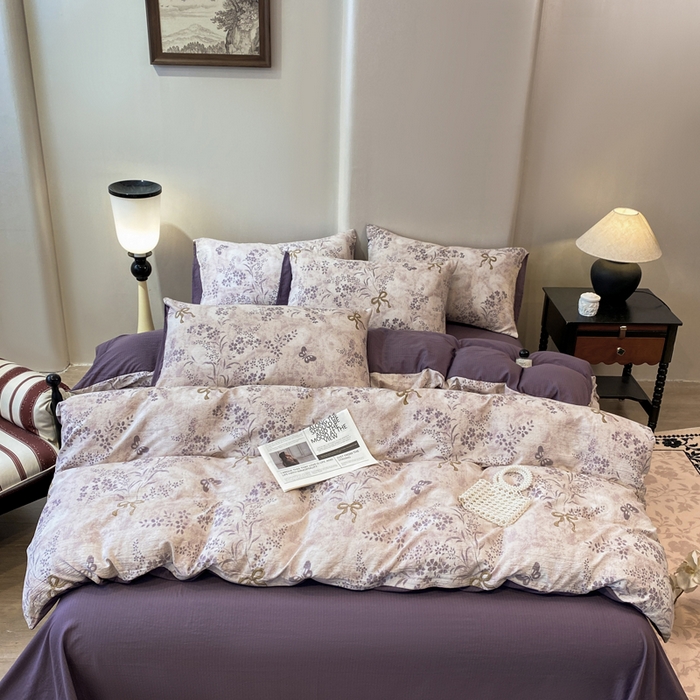 91家纺网 家纺一手货源 找家纺 红日子纺织品 2026新款云感皱皱纱四件套 兰亭-紫