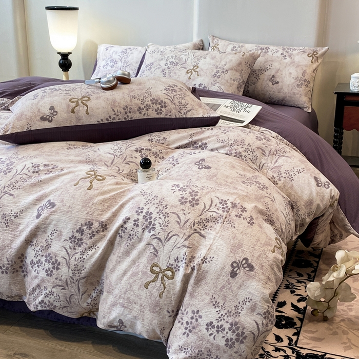 91家纺网 家纺一手货源 找家纺 红日子纺织品 2026新款云感皱皱纱四件套 兰亭-紫