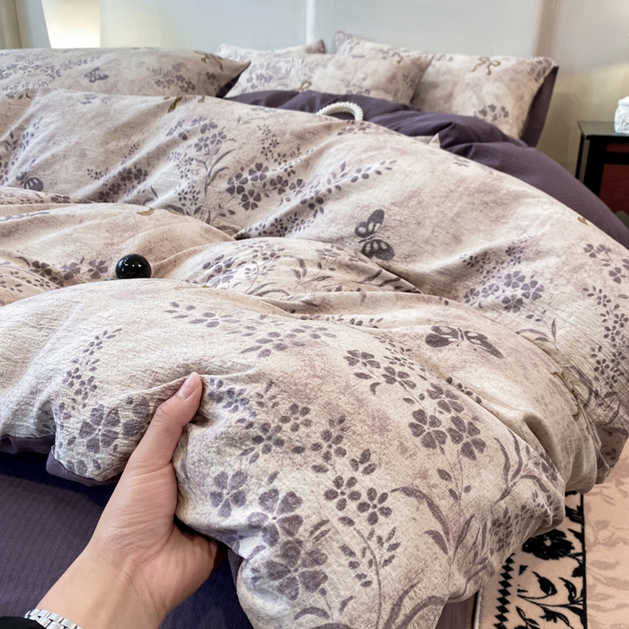 91家纺网 家纺一手货源 找家纺 红日子纺织品 2026新款云感皱皱纱四件套 兰亭-紫