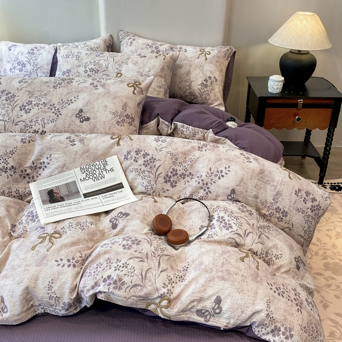 91家纺网 家纺一手货源 找家纺 红日子纺织品 2026新款云感皱皱纱四件套 兰亭-紫