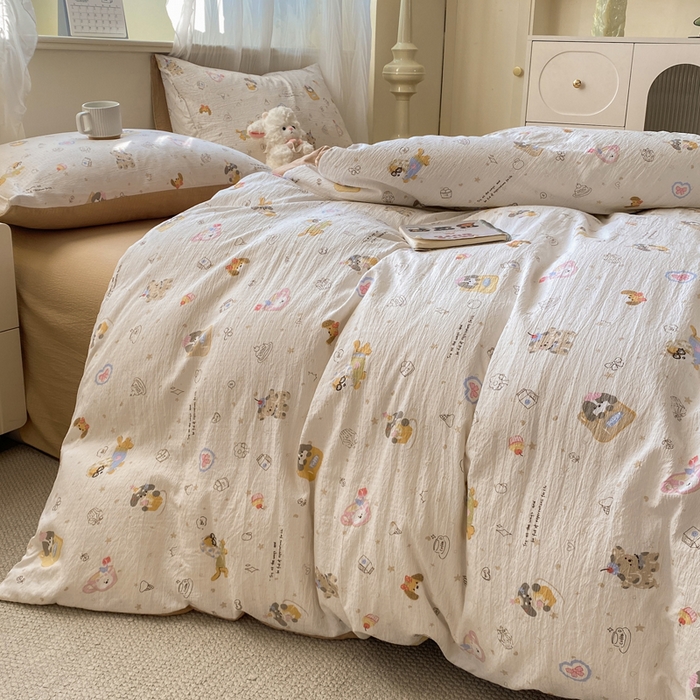 91家纺网 家纺一手货源 找家纺 红日子纺织品 2026新款云感皱皱纱四件套 萌宠梦境