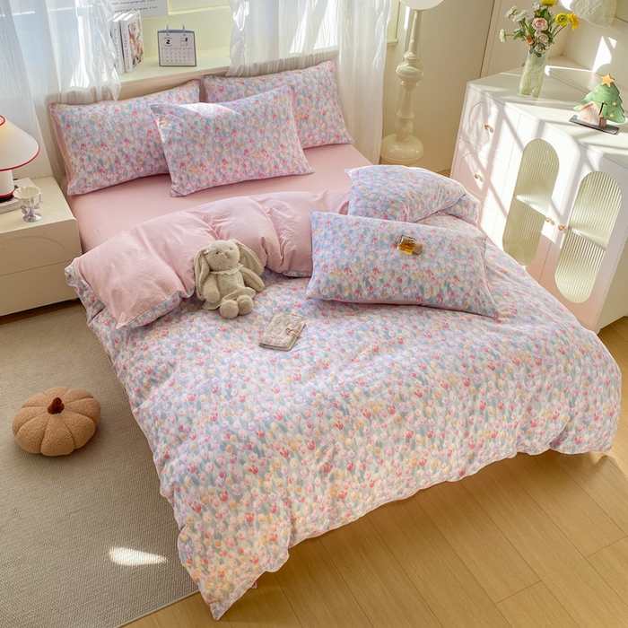 91家纺网 家纺一手货源 找家纺 红日子纺织品 2026新款云感皱皱纱四件套 浓情郁金香