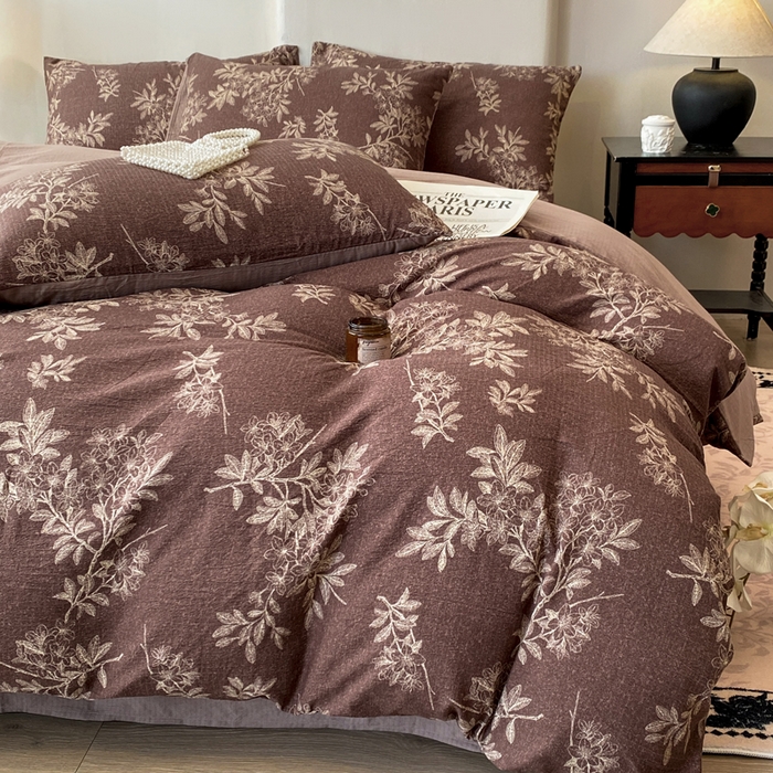 91家纺网 家纺一手货源 找家纺 红日子纺织品 2026新款云感皱皱纱四件套 夕颜-棕