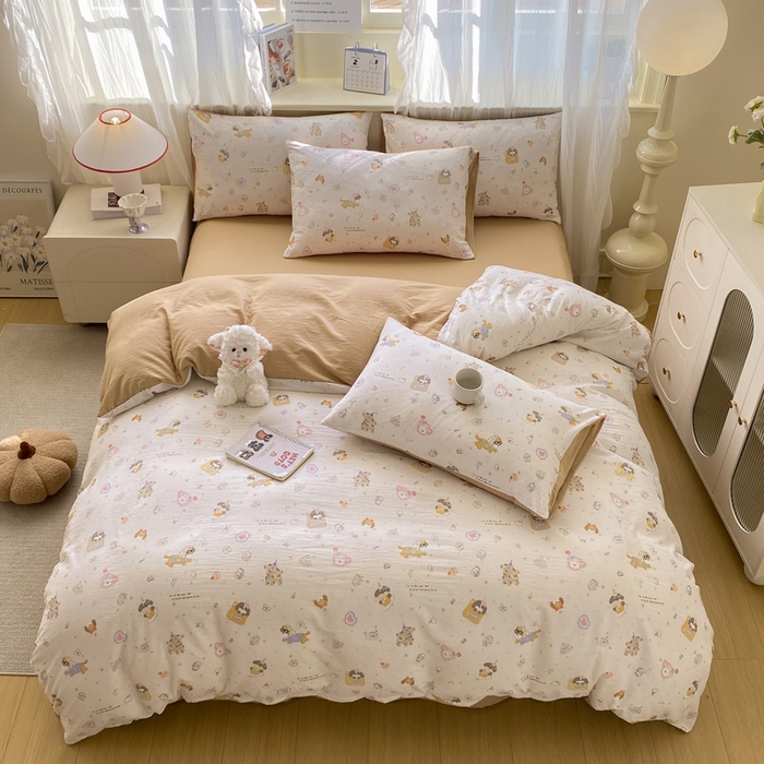 91家纺网 家纺一手货源 找家纺 红日子纺织品 2026新款云感皱皱纱四件套 萌宠梦境