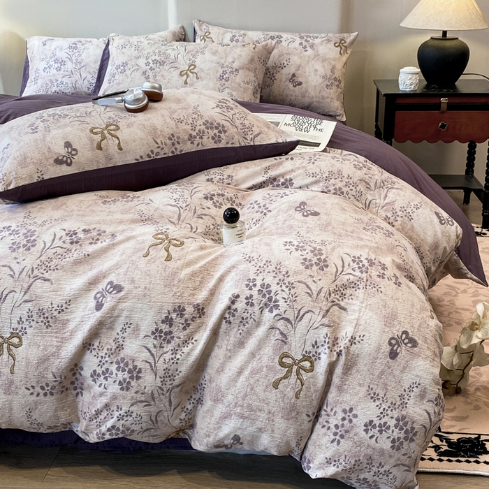 91家纺网 家纺一手货源 找家纺 红日子纺织品 2026新款云感皱皱纱四件套 兰亭-紫