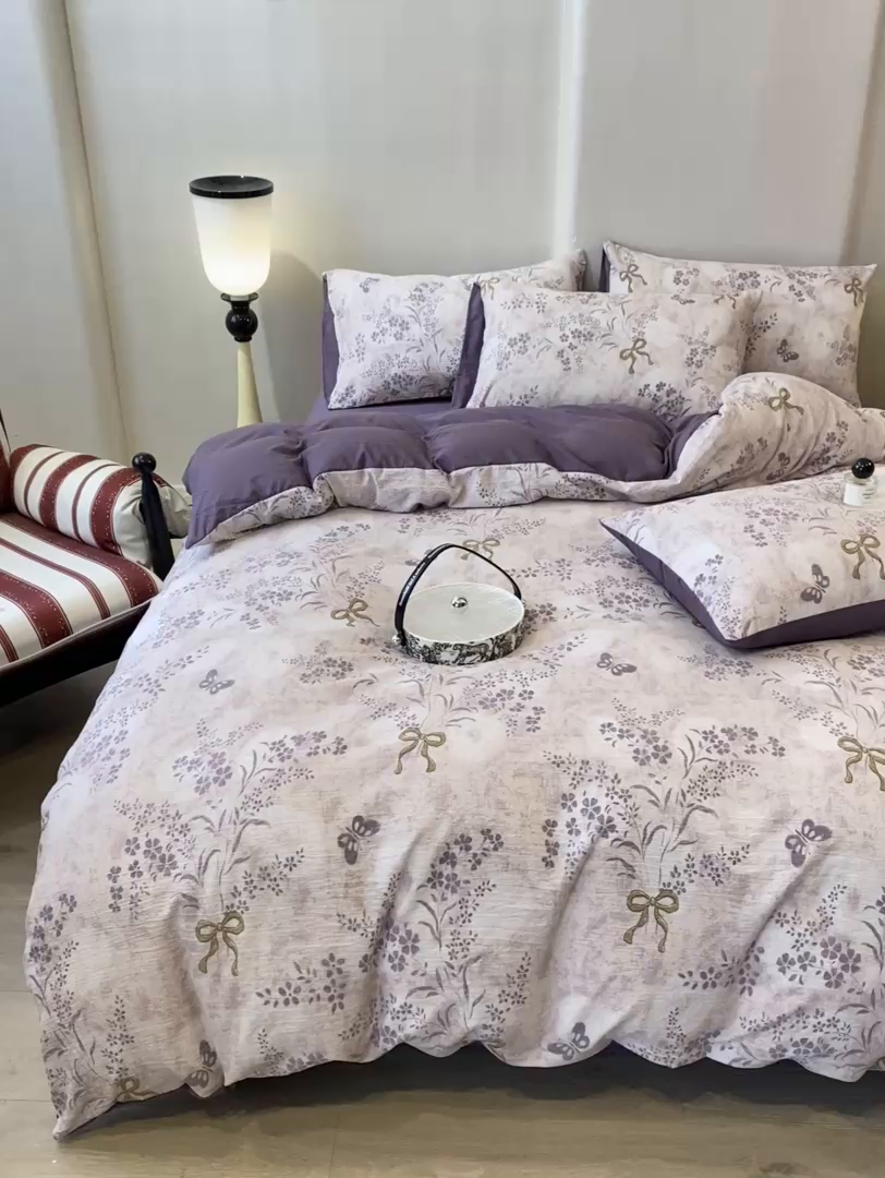 91家纺网 家纺一手货源 找家纺 红日子纺织品 2026新款云感皱皱纱四件套 兰亭-紫