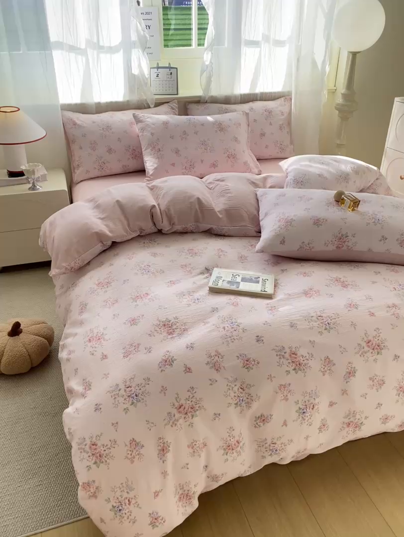 91家纺网 家纺一手货源 找家纺 红日子纺织品 2026新款云感皱皱纱四件套 蔷薇序曲