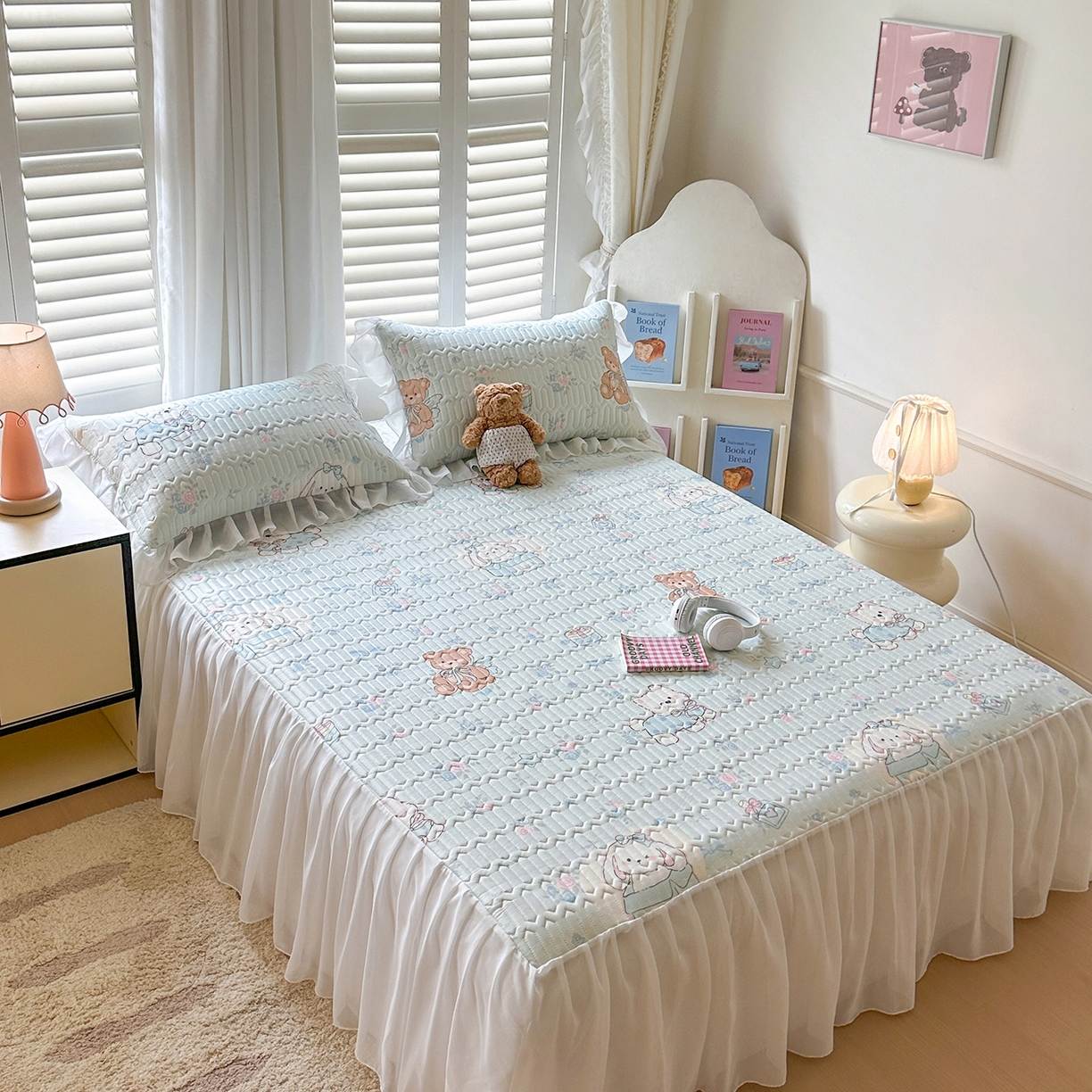 91家纺网 家纺一手货源 找家纺 慕澄2026新款小清新印花凉感丝花床裙款乳胶凉席 薄荷日记