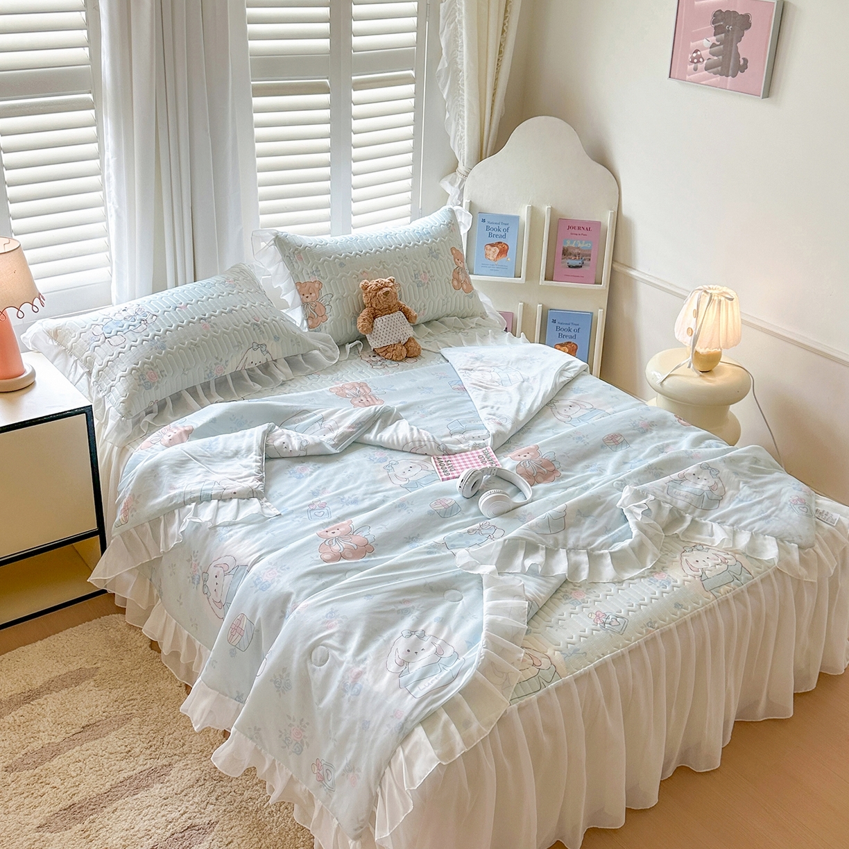 91家纺网 家纺一手货源 找家纺 慕澄2026新款小清新印花凉感丝花床裙款乳胶凉席 薄荷日记