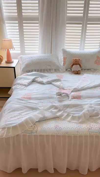 91家纺网 家纺一手货源 找家纺 慕澄2026新款小清新印花凉感丝花床裙款乳胶凉席 薄荷日记