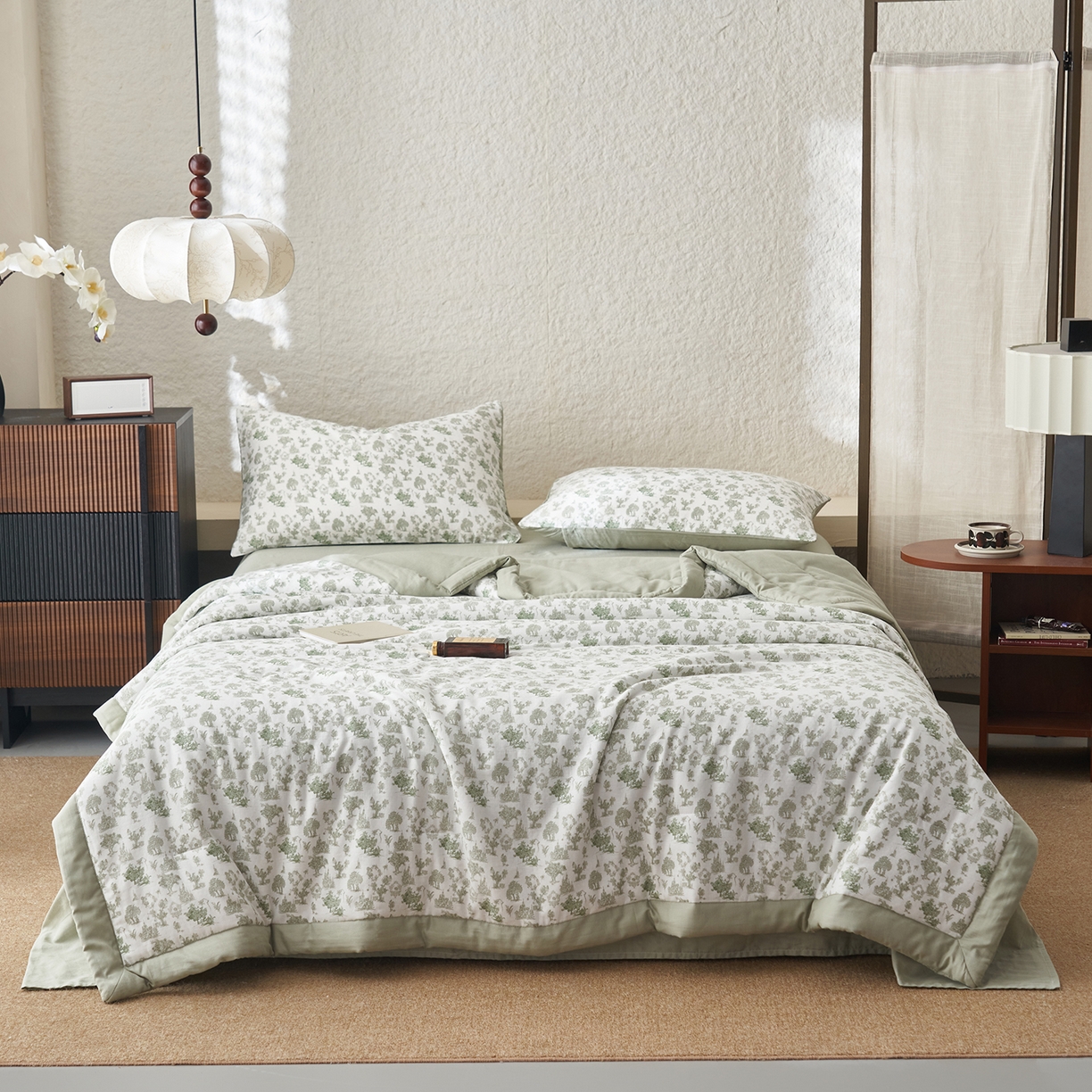 91家纺网 家纺一手货源 找家纺 晨曦家纺 2026新款全棉双层纱夏被四件套复古纯棉中国风夏凉被 清野序