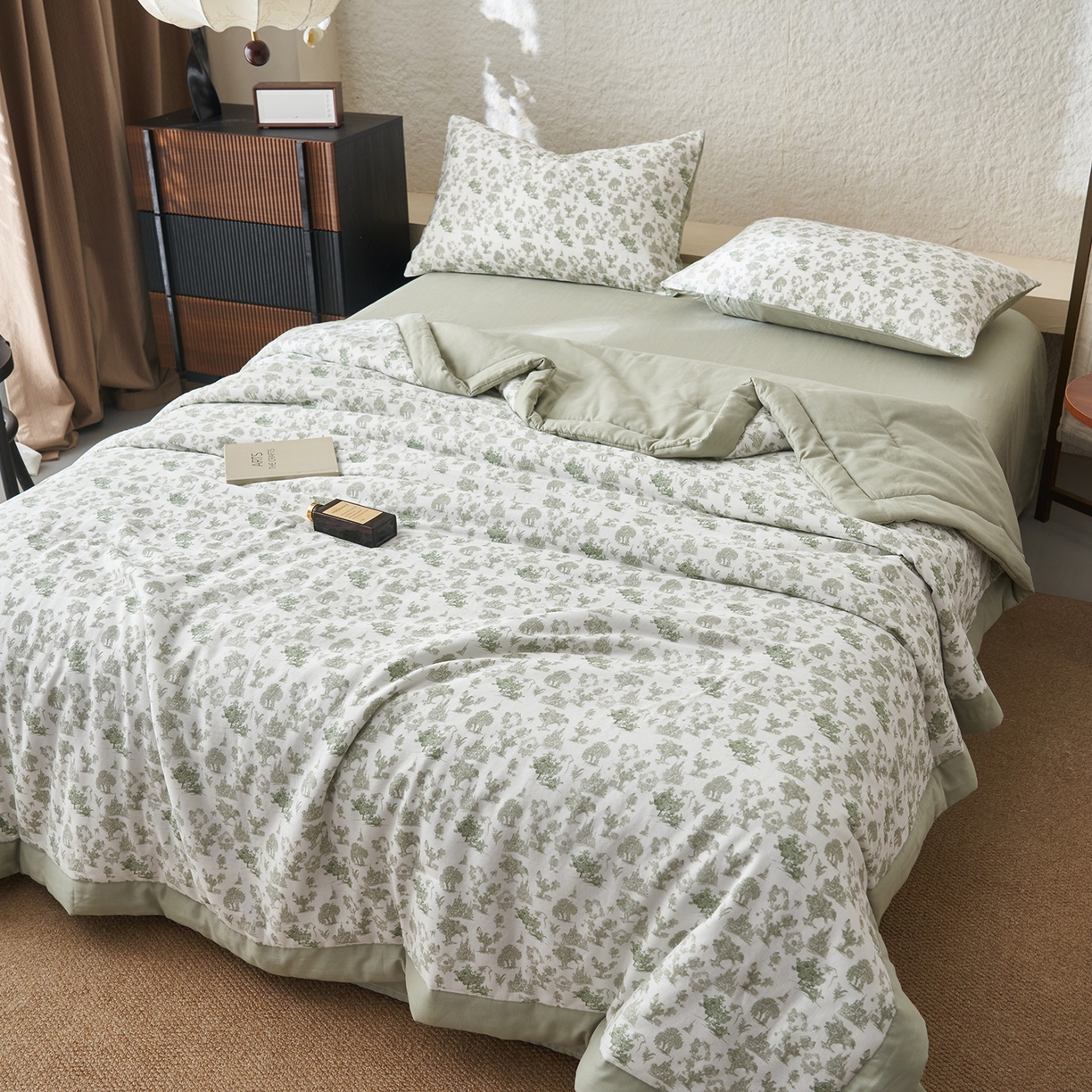 91家纺网 家纺一手货源 找家纺 晨曦家纺 2026新款全棉双层纱夏被四件套复古纯棉中国风夏凉被 清野序