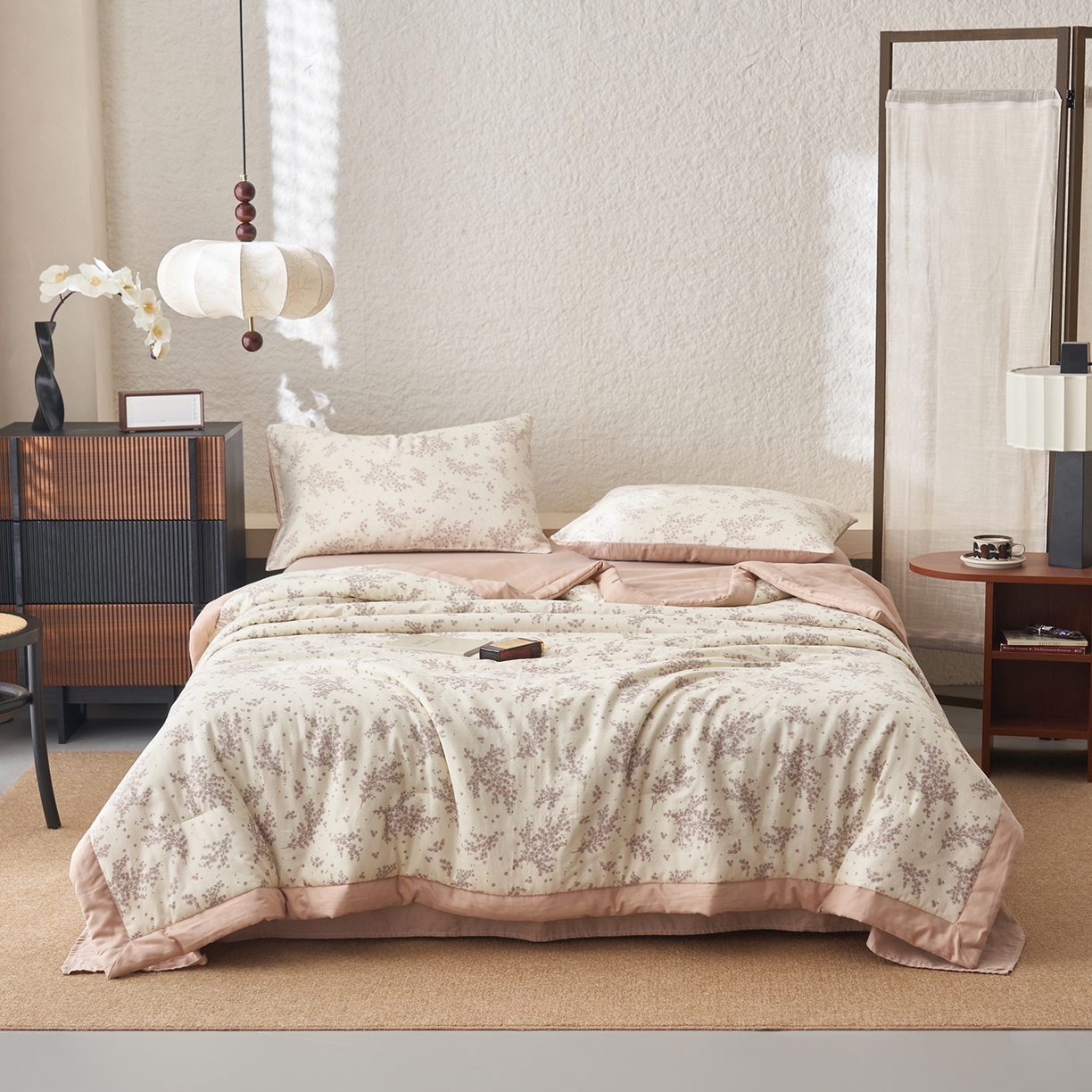 91家纺网 家纺一手货源 找家纺 晨曦家纺 2026新款全棉双层纱夏被四件套复古纯棉中国风夏凉被 蓝铃花语