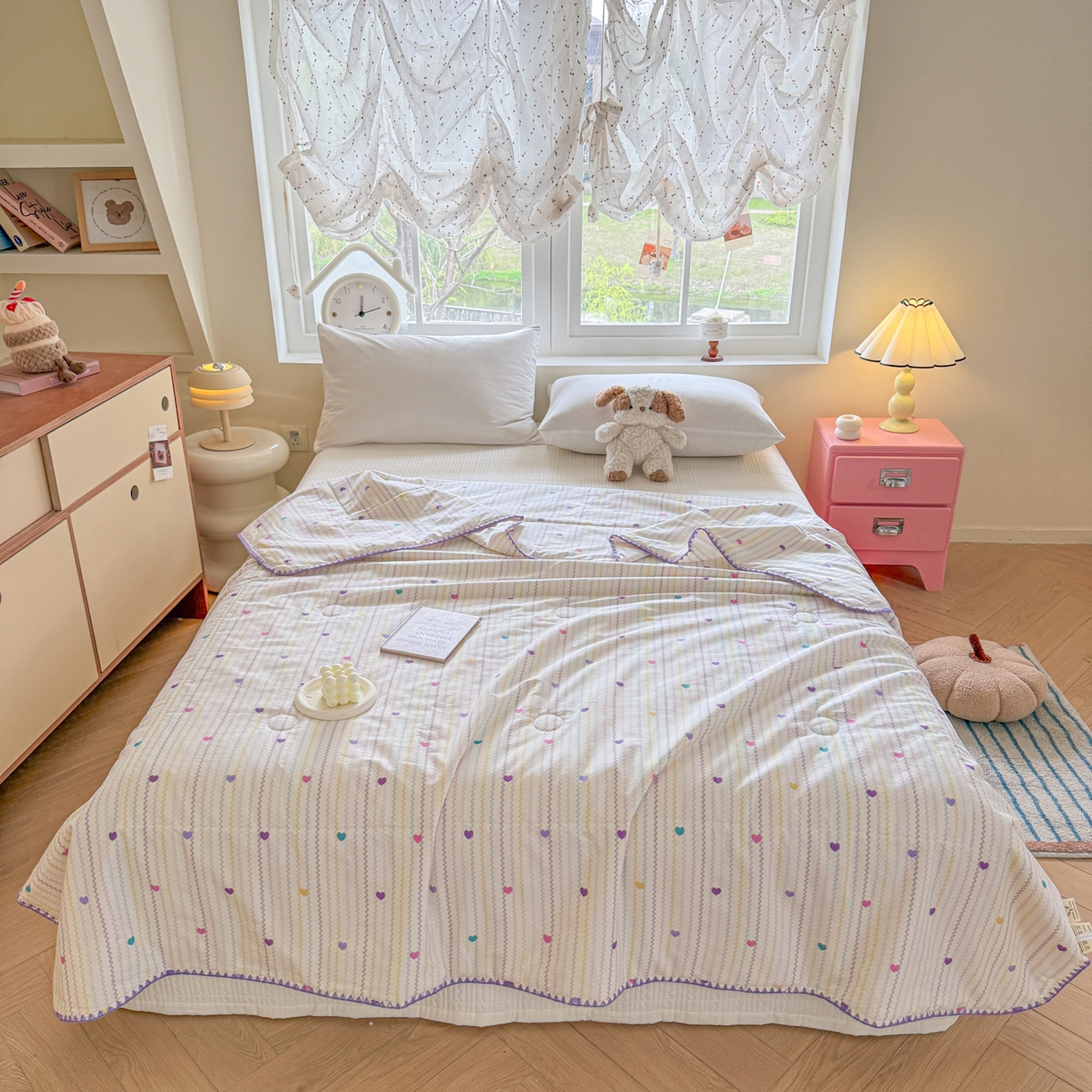 91家纺网 家纺一手货源 找家纺 雅萱家纺 2026新款印花双面全棉棉花夏被 彩虹爱心