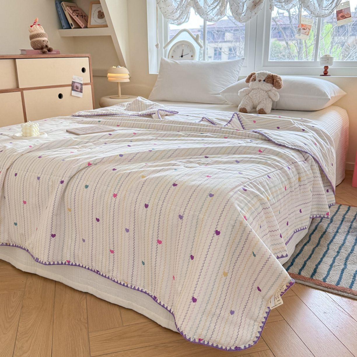 91家纺网 家纺一手货源 找家纺 雅萱家纺 2026新款印花双面全棉棉花夏被 彩虹爱心