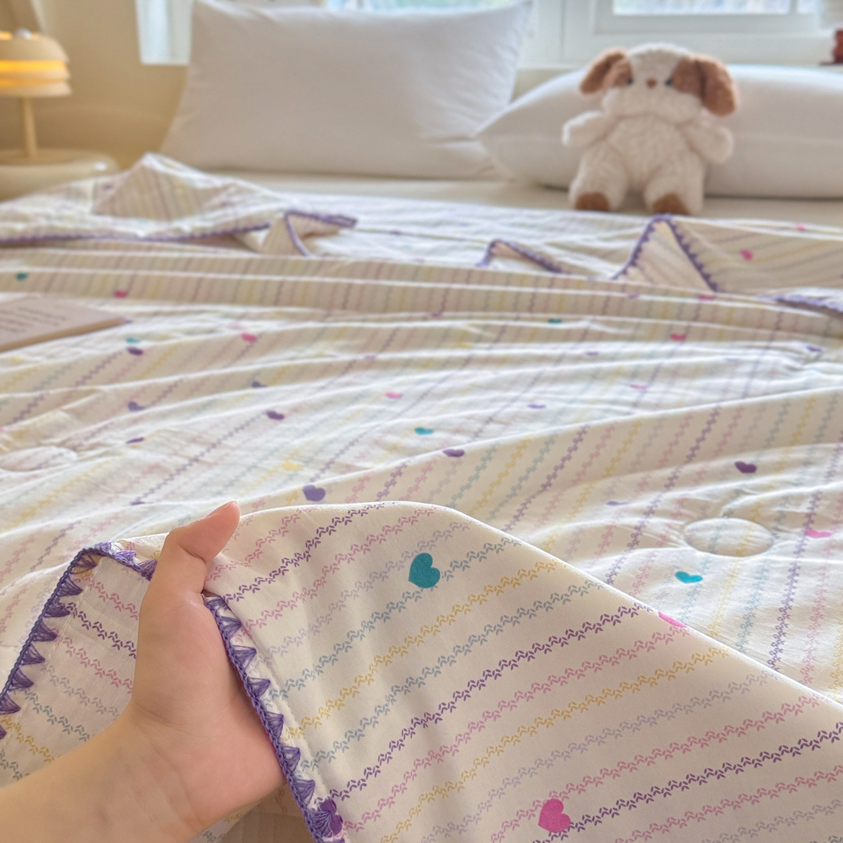 91家纺网 家纺一手货源 找家纺 雅萱家纺 2026新款印花双面全棉棉花夏被 彩虹爱心