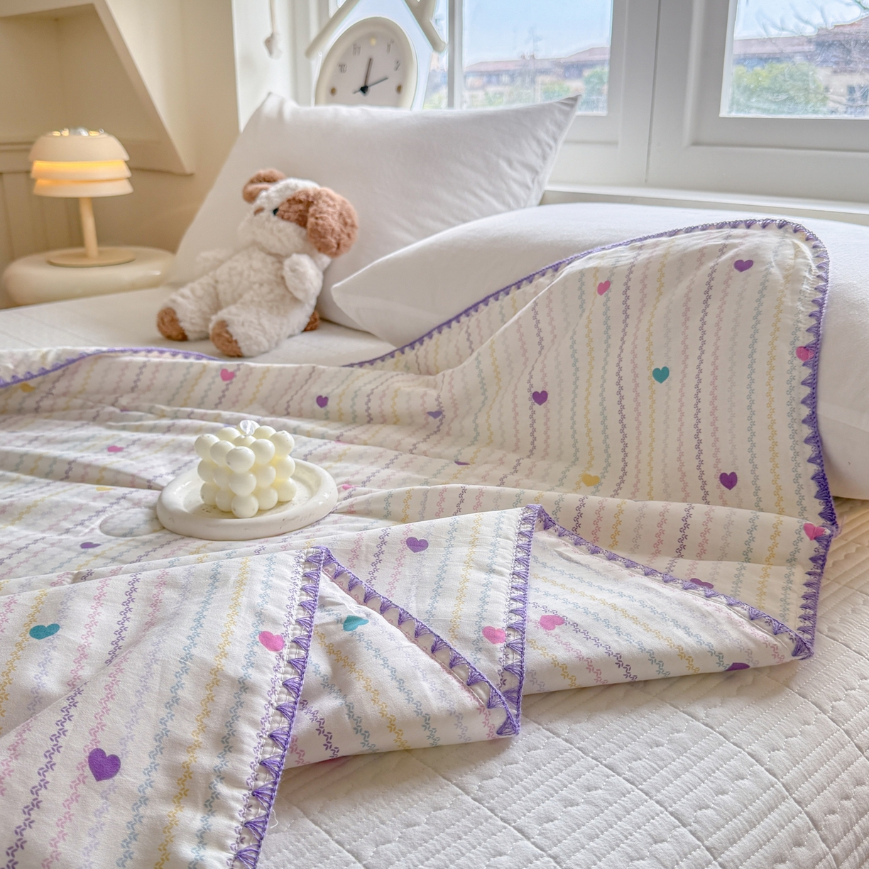 91家纺网 家纺一手货源 找家纺 雅萱家纺 2026新款印花双面全棉棉花夏被 彩虹爱心