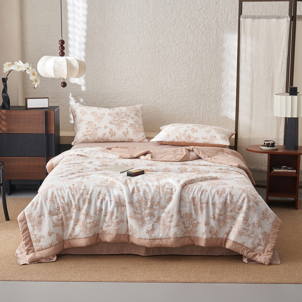 91家纺网 家纺一手货源 找家纺 晨曦家纺 2026新款全棉双层纱夏被四件套复古纯棉中国风夏凉被 漫花叙