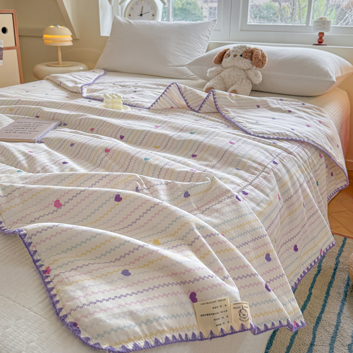 91家纺网 家纺一手货源 找家纺 雅萱家纺 2026新款印花双面全棉棉花夏被 彩虹爱心