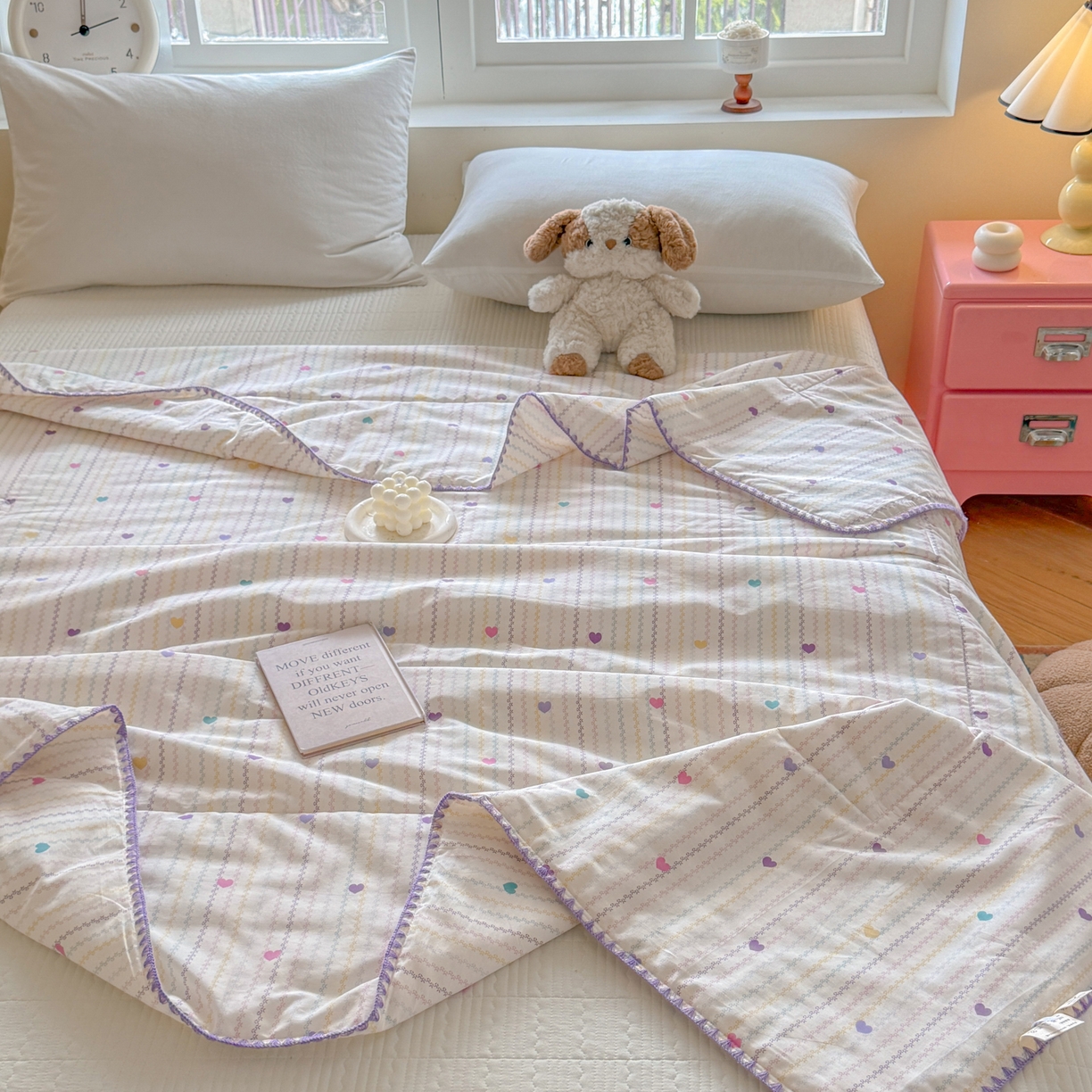 91家纺网 家纺一手货源 找家纺 雅萱家纺 2026新款印花双面全棉棉花夏被 彩虹爱心