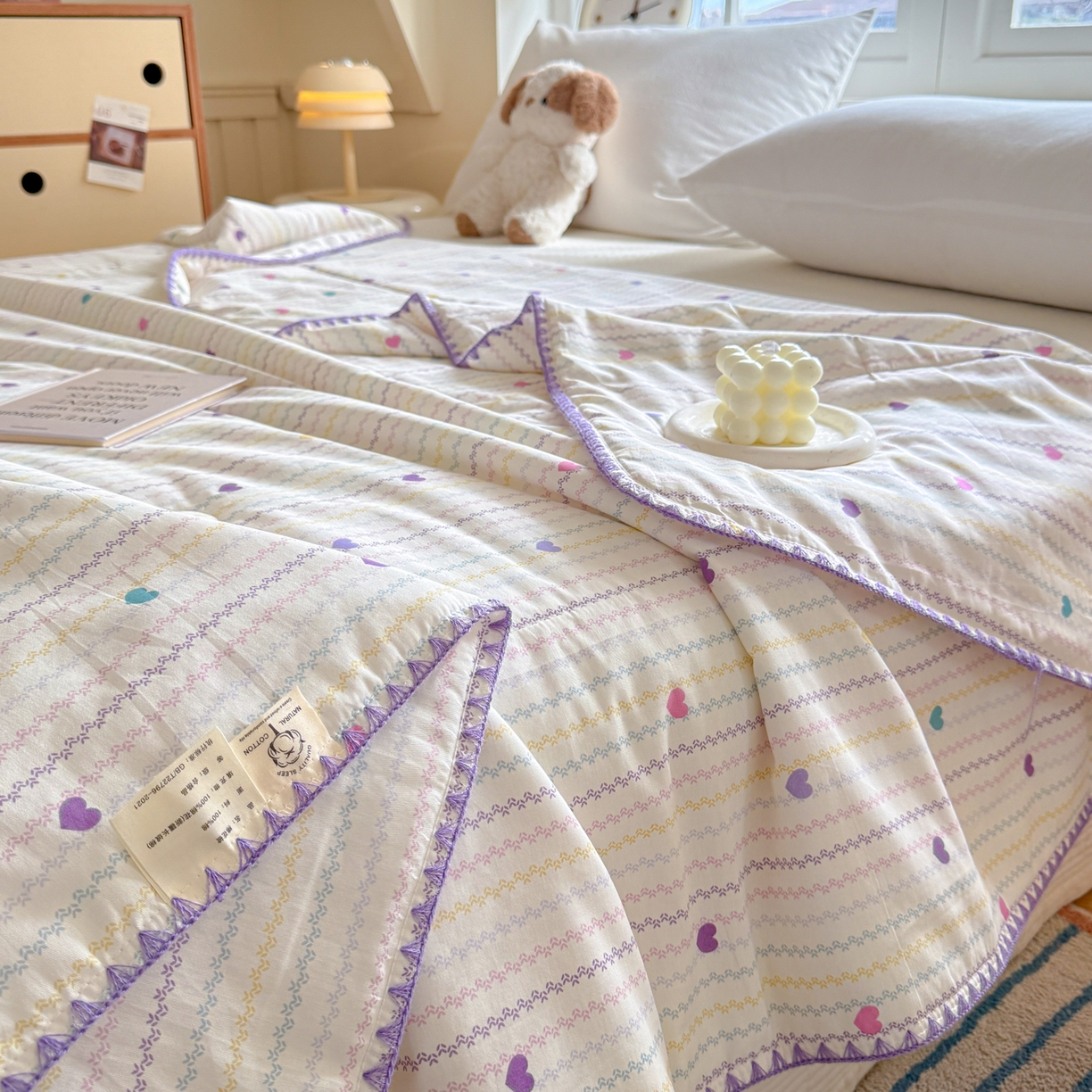 91家纺网 家纺一手货源 找家纺 雅萱家纺 2026新款印花双面全棉棉花夏被 彩虹爱心