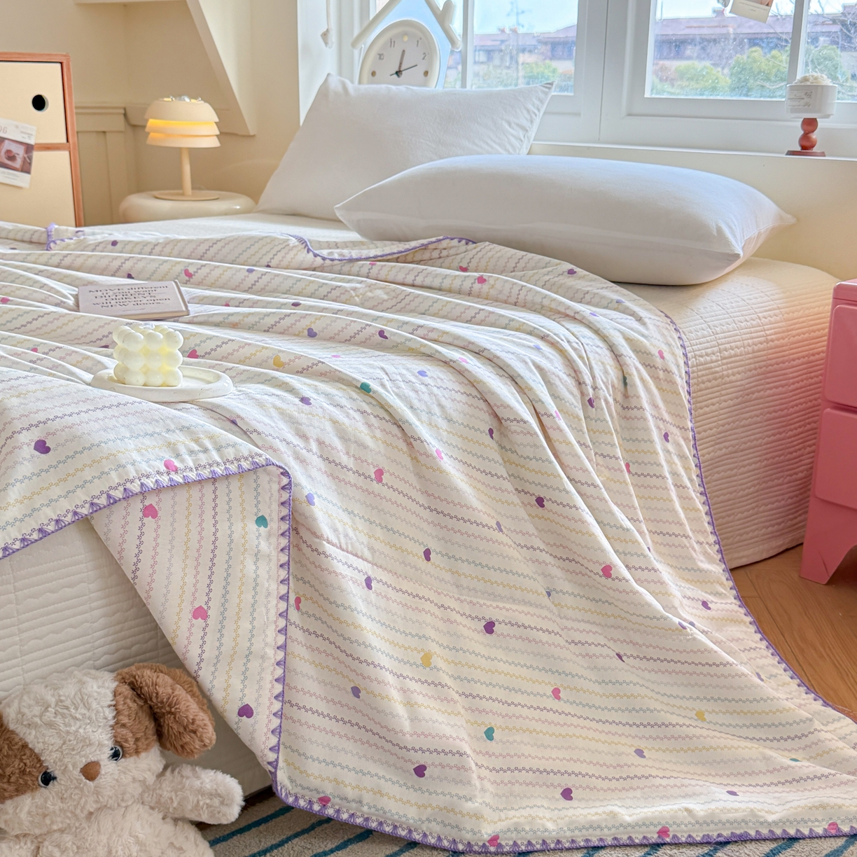 91家纺网 家纺一手货源 找家纺 雅萱家纺 2026新款印花双面全棉棉花夏被 彩虹爱心