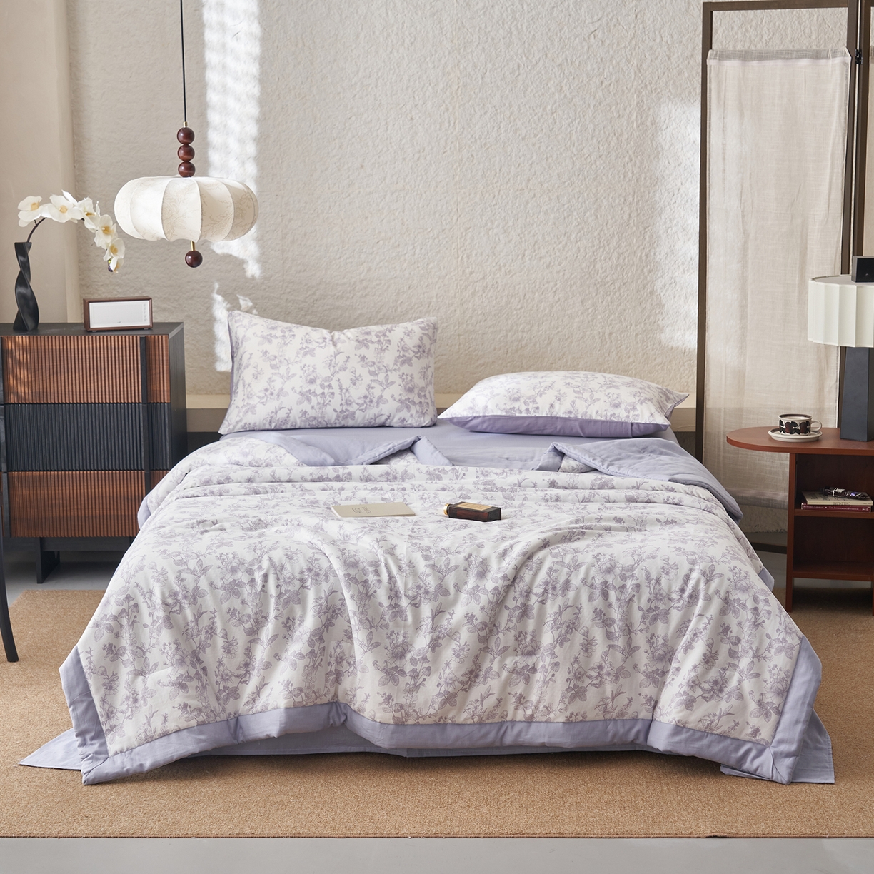 91家纺网 家纺一手货源 找家纺 晨曦家纺 2026新款全棉双层纱夏被四件套复古纯棉中国风夏凉被 紫雾花野