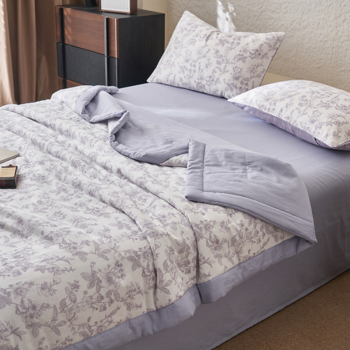 91家纺网 家纺一手货源 找家纺 晨曦家纺 2026新款全棉双层纱夏被四件套复古纯棉中国风夏凉被 紫雾花野