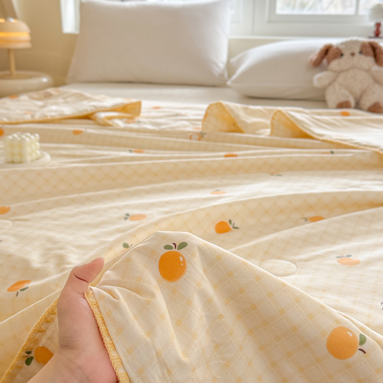 91家纺网 家纺一手货源 找家纺 雅萱家纺 2026新款印花双面全棉棉花夏被 橙意满满