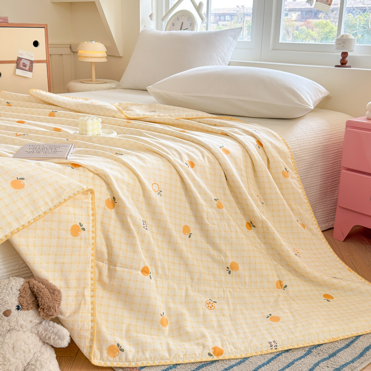 91家纺网 家纺一手货源 找家纺 雅萱家纺 2026新款印花双面全棉棉花夏被 橙意满满