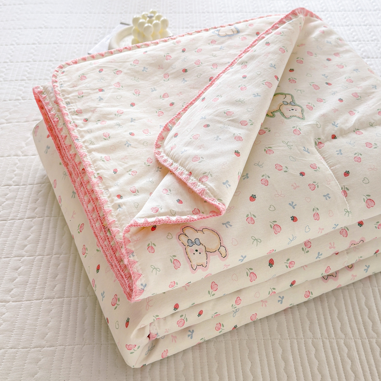 雅萱家纺 2026新款印花双面全棉棉花夏被 粉樱小狗
