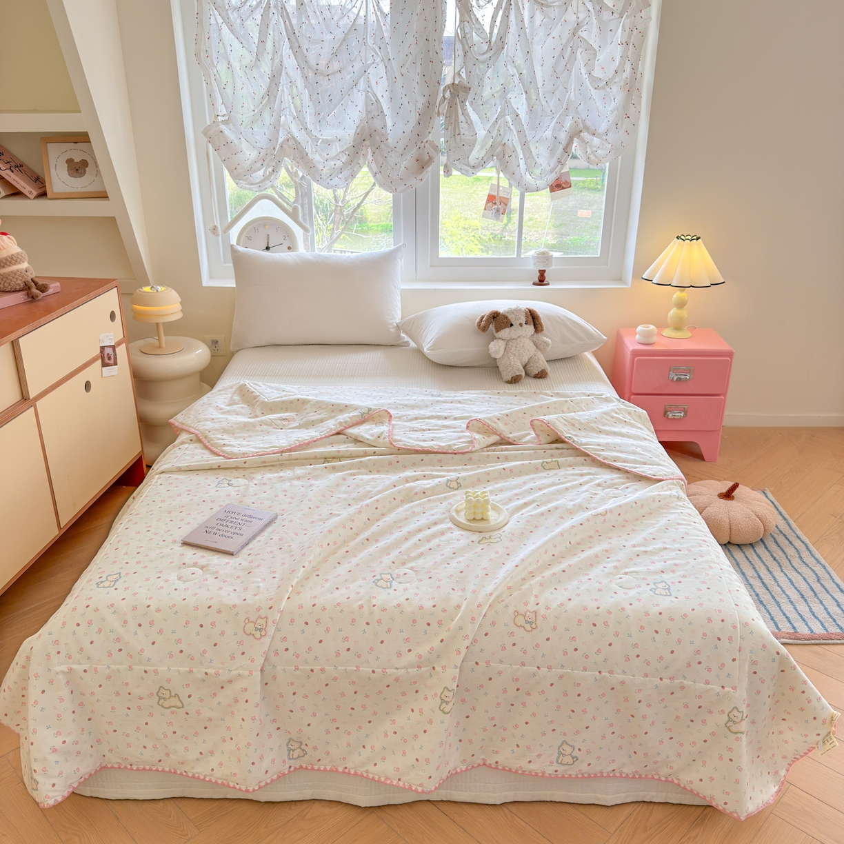 91家纺网 家纺一手货源 找家纺 雅萱家纺 2026新款印花双面全棉棉花夏被 粉樱小狗