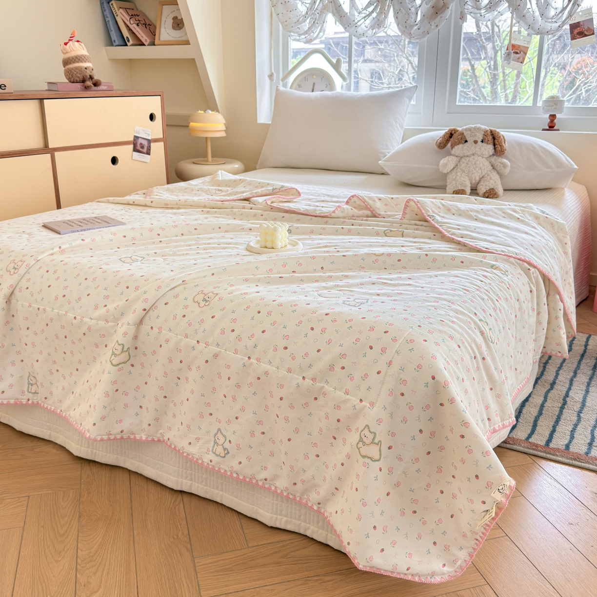 91家纺网 家纺一手货源 找家纺 雅萱家纺 2026新款印花双面全棉棉花夏被 粉樱小狗