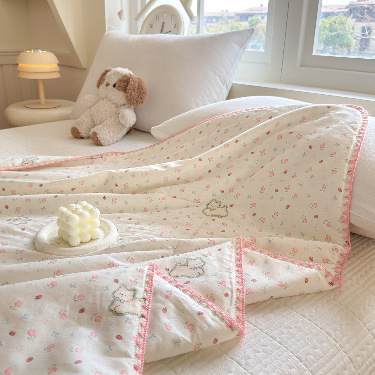 91家纺网 家纺一手货源 找家纺 雅萱家纺 2026新款印花双面全棉棉花夏被 粉樱小狗