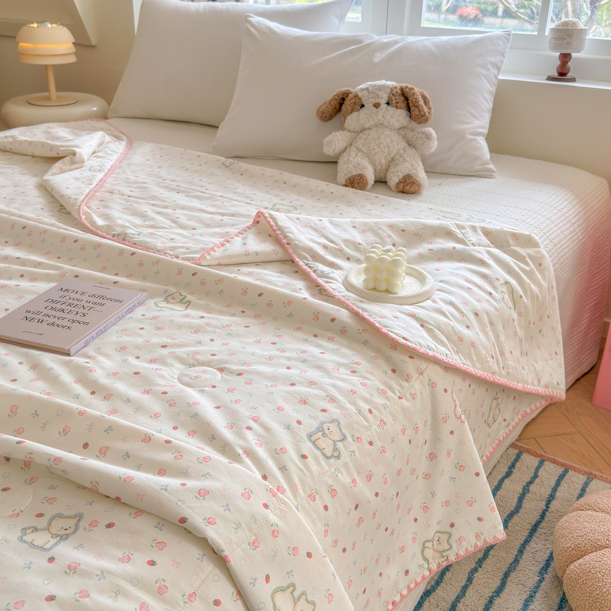 91家纺网 家纺一手货源 找家纺 雅萱家纺 2026新款印花双面全棉棉花夏被 粉樱小狗