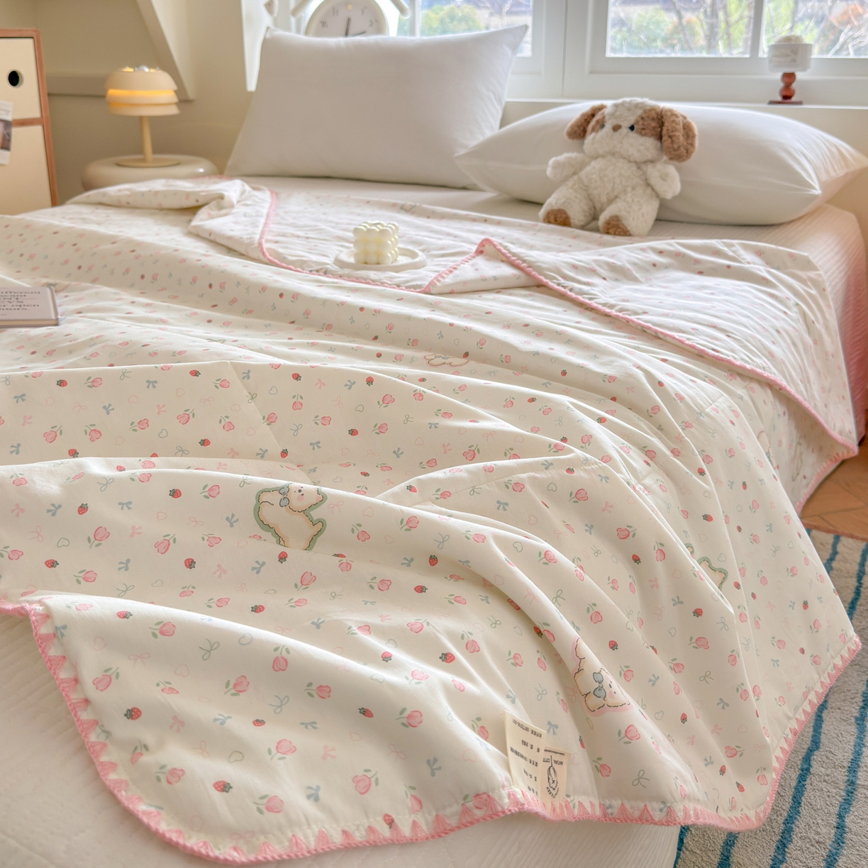 91家纺网 家纺一手货源 找家纺 雅萱家纺 2026新款印花双面全棉棉花夏被 粉樱小狗